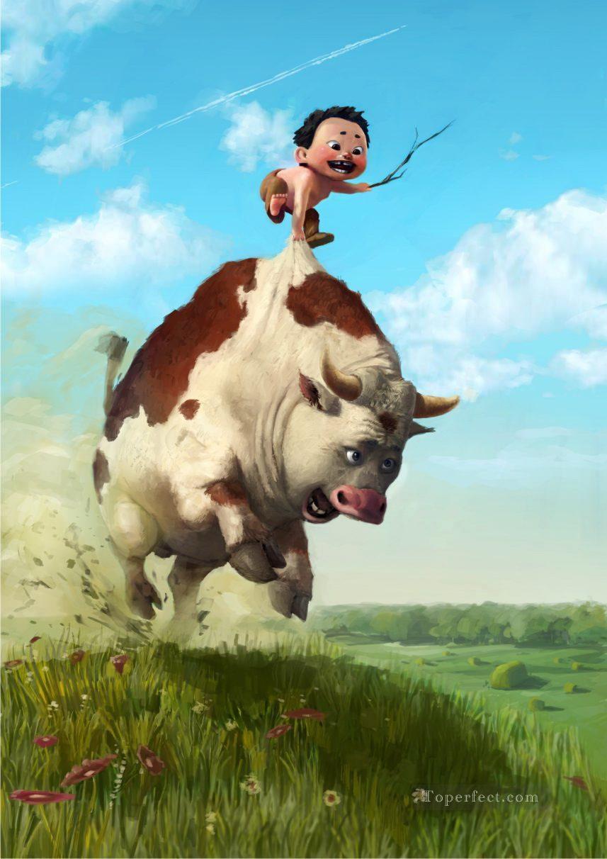 走る牛と子供油絵